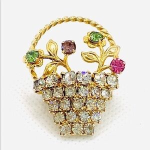 Brooch Rhinestones Basket of Flowers VTG Gold Tone